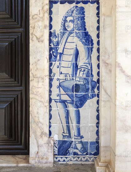 Blue and white azulejo tiles fashionable Portuguese gentleman in eighteenth century, University of Evora, Portugal, Europe