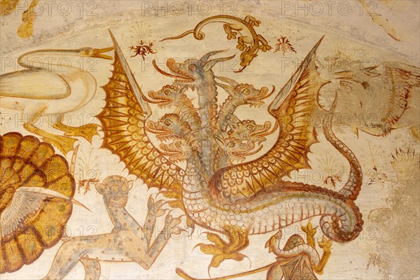 Image set of Casas Pintadas, Evora, Portugal unusual 16th-century murals paintings of creatures real and imagined, birds, hares, foxes, a basilisk, a mermaid and a harpy