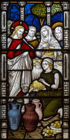 Victorian stained glass window, Tidworth south church, Wiltshire, England, UK Marriage at Cana by Clayton and Bell
