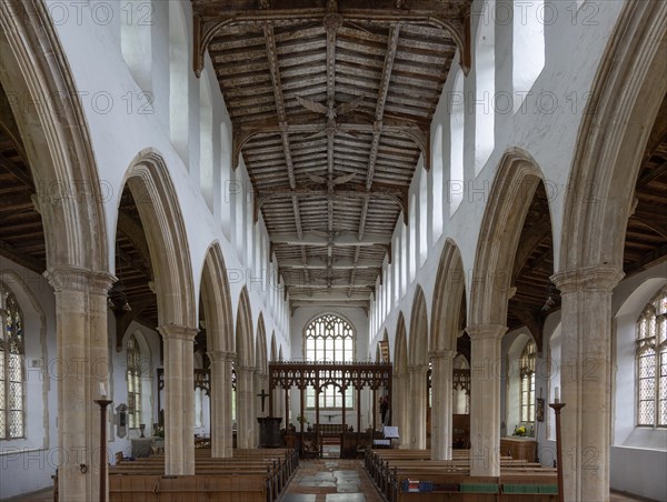 Interior view down nave to chancel with wooden roof, Holy Trinity church, Blythburgh, Suffolk, England, UK