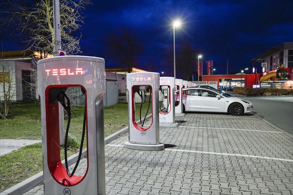 Tesla Supercharger charging station, car park, Werre-Park shopping centre, Bad Oeynhausen, North Rhine-Westphalia, Germany, Europe