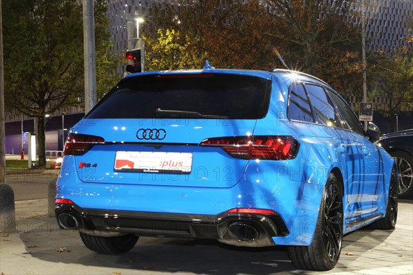 Blue Audi RS 4 Avant, seen at the Audi Centre Karlsruhe