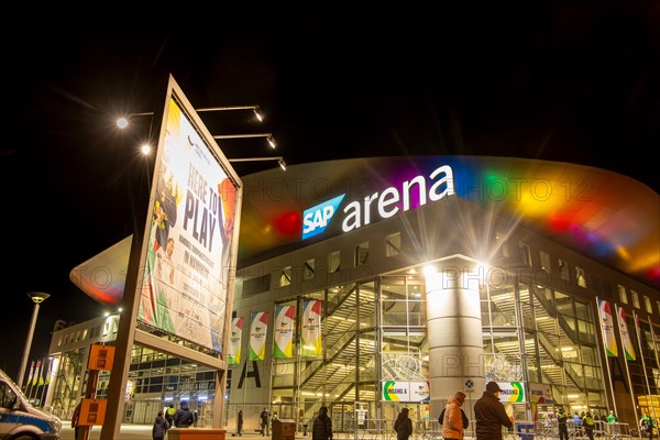 Night shot of the SAP Arena in Mannheim during a match at the 2024 European Handball Championships