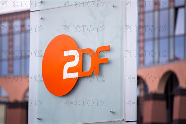 Close-up of the ZDF logo at broadcasting centre 2 in Mainz