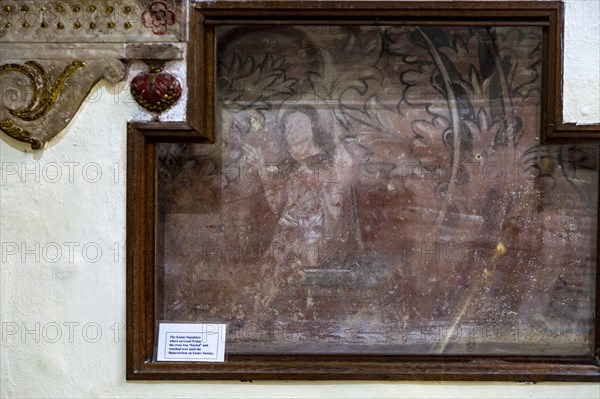 Historic interior of East Bergholt church, Suffolk, England, UK Easter Sepulchre medieval wall painting