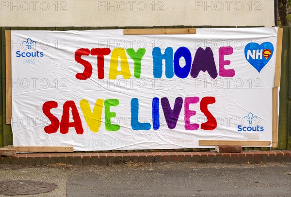 NHS Stay Home Save Lives, Scouts handmade sign, Woodbridge, Suffolk, England, UK