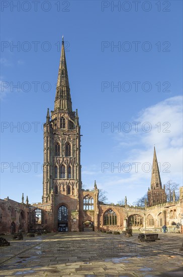 Ruins of church of Saint Michael, Coventry cathedral, West Midlands, England, UK bomb damage from Second World War