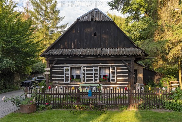 Restored picturesque traditional village log house in Cista u Litomysle, Pardubice Region, Czech Republic, Europe