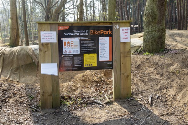 Sign at BikePark, Sudbourne Woods, Forestry Commission Bike Park, Suffolk, England, UK