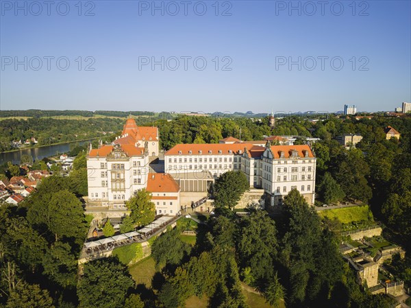 Pirna on the Elbe. General view of the old town centre with Sonnenstein Fortress, Pirna, Saxony, Germany, Europe