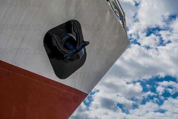 Front anchor on side of retired frigate on display at public park in Seosan, South Korea, Asia