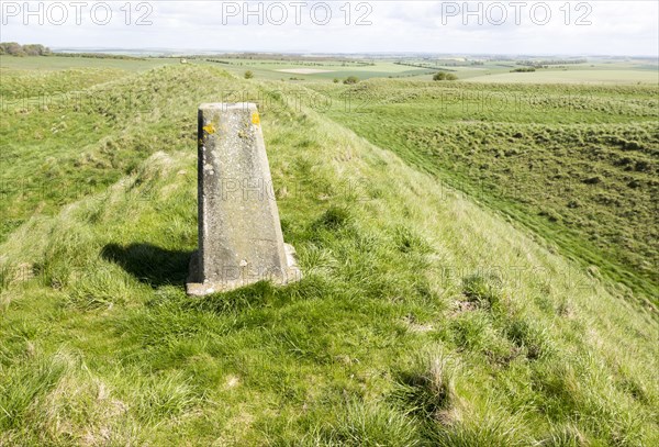 Defensive ramparts and ditch Yarnbury Castle, Iron Age hill fort, Wiltshire, England, UK