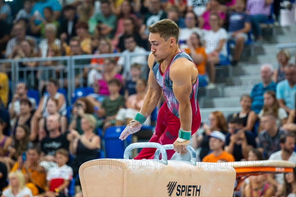 Heidelberg, 9 September 2023: Men's World Championship qualification in conjunction with a national competition against Israel. Nick Klessing during his routine on the pommel horse