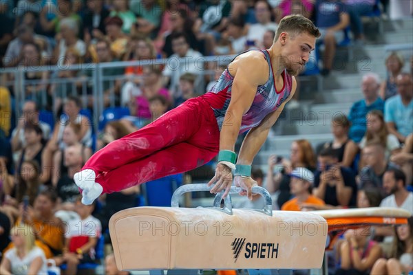 Heidelberg, 9 September 2023: Men's World Championship qualification in conjunction with a national competition against Israel. Nick Klessing during his routine on the pommel horse