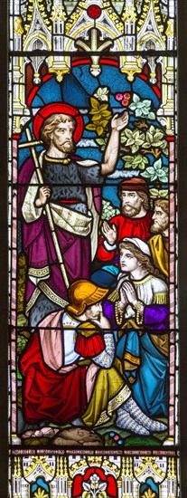 Stained glass window in church of Saint John the Baptist, Badingham, Suffolk, England, UK circa 1873 by Cox and Son, Saint John the Baptist preaching