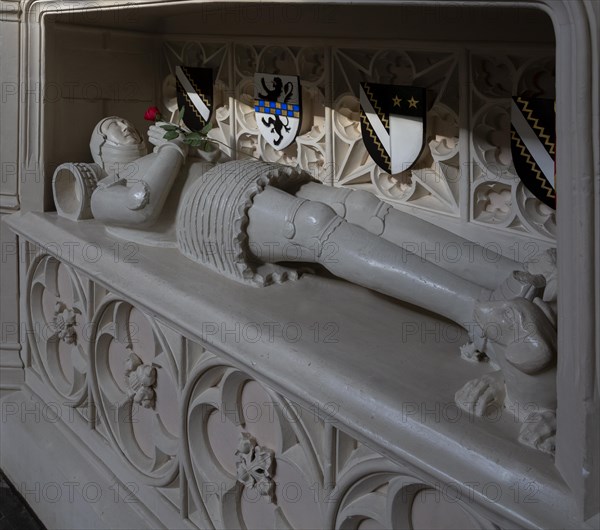 Memorial tomb Sir William Clopton 1375-1446 with red rose, Holy Trinity Church, Long Melford, Suffolk, England, UK