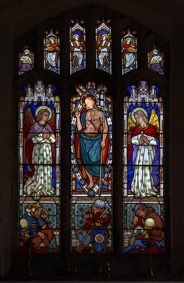 Victorian 19th century stained glass window, Lawshall church, Suffolk, England, UK by Horwood Bros, Resurrection