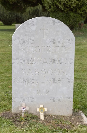 Headstone grave of war poet and author Siegfried Sassoon 1886-1967, Mells, Somerset, England, UK