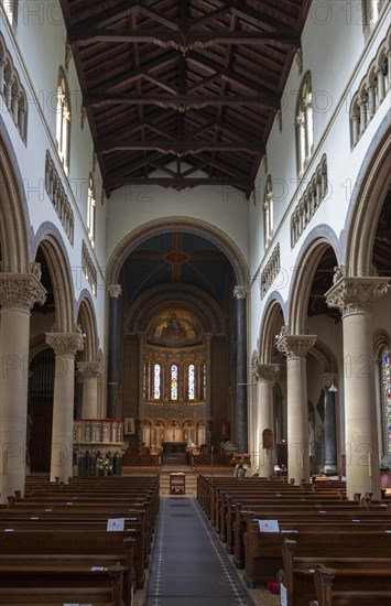 Interior Wilton Italianate church, Wiltshire, England, UK nave and view to apse mosaic by Gertrude Martin 1881-1952 built 1844