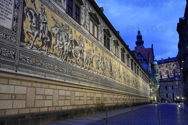 Procession of Princes, consisting of 23, 000 tiles made of Meissen porcelain, on the outer wall of the Stallhof, Dresden Palace, Old Town, Dresden, Saxony, Germany, Europe
