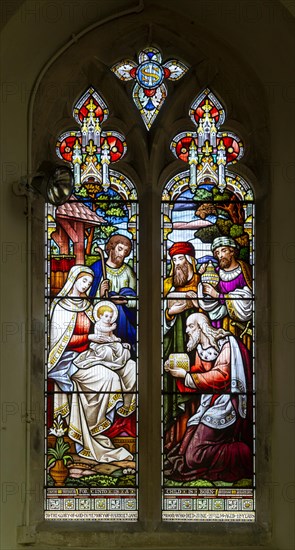 Stained glass window c 1882 Adoration of Magi, Great Bealings church, Suffolk, England, UK by Ward and Hughes