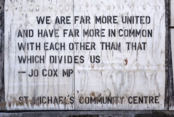 Quotation from MP Jo Cox on community centre board, Ipswich, Suffolk, England, UK