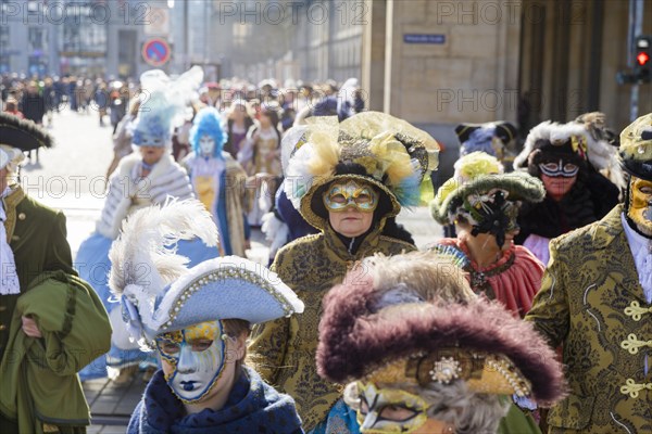 LUST & PASSION & JOY OF LIFE, for the joy of the masquerade, the Elbvenezian Carnival took place in Dresden on the weekend in front of Rose Monday. The highlight was the joint stroll through the historic centre with masks in robes in the style of the Elbe Venetian Carnival from the Neumarkt through the Altmarktgalerie, the Schlossstrasse, through the Stallhof, along the Fuerstenzug, onto the Bruehlsche Terrasse and into the Bruehlsche Garten, Dresden, Saxony, Germany, Europe