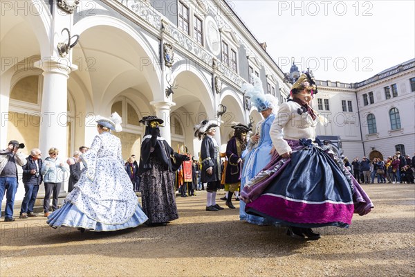 LUST & PASSION & JOY OF LIFE, for the joy of the masquerade, the Elbvenezian Carnival took place in Dresden on the weekend in front of Rose Monday. The highlight was the joint stroll through the historic centre with masks in robes in the style of the Elbe Venetian Carnival from the Neumarkt through the Altmarktgalerie, the Schlossstrasse, through the Stallhof, along the Fuerstenzug, onto the Bruehlsche Terrasse and into the Bruehlsche Garten, Dresden, Saxony, Germany, Europe