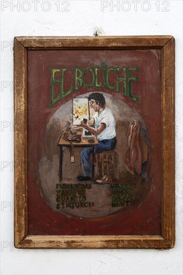Painted sign for leather work craft products 'El Boliche', Frigiliana, Axarquia, Andalusia, Spain, Europe