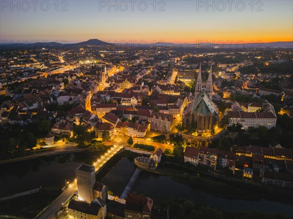 Aerial view of the old town of Goerlitz in the evening in Upper Lusatia, Goerlitz, Saxony, Germany, Europe