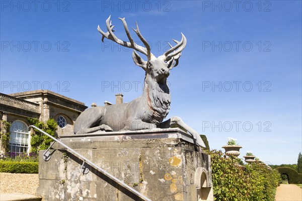 Deer stag sculpture terrace garden Bowood House and gardens, Calne, Wiltshire, England, UK