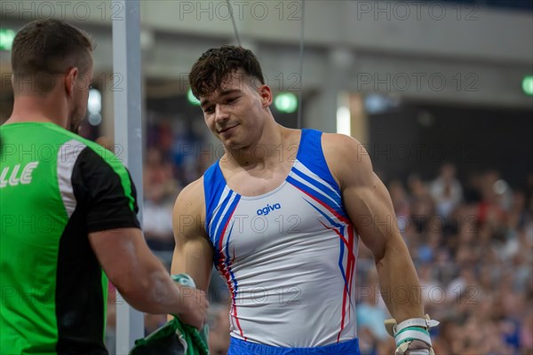 Heidelberg, 9 September 2023: Men's World Championship qualification in conjunction with a national competition against Israel. Daniel Woerz after his routine on the rings