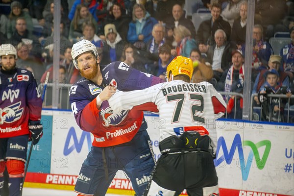 Adler Mannheim v Fischtown Pinguins Bremerhaven (PENNY DEL, German Ice Hockey League) : Fistfight between Korbinian Holzer and Phillip Bruggisser