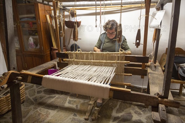 Traditional wool weaving craft workshop display and exhibition in village of Mertola, Baixo Alentejo, Portugal, Southern Europe, Europe