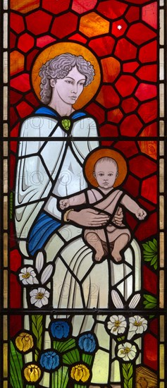 Stained glass window of Blessed Virgin Mary and baby Jesus, Meg Lawrence, Hollesley, Suffolk, England, UK