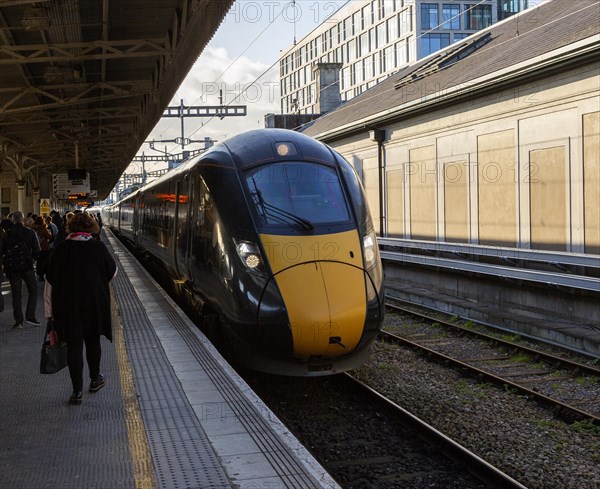 GWR Intercity Express train arriving at platform Cardiff railway station, South Wales UK, Main Line South Wales to London