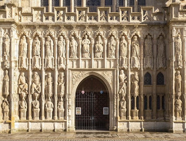 Medieval West Front Image screen stone carvings, Gothic architecture c 13th century, Exeter Cathedral church, Exeter, Devon, England, UK