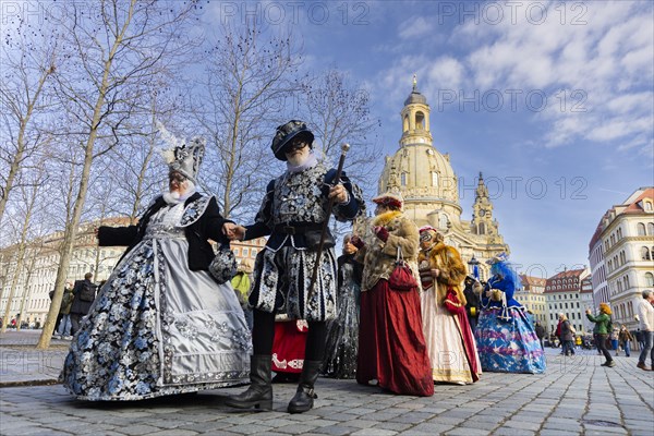 LUST & PASSION & JOY OF LIFE, for the joy of the masquerade, the Elbvenezian Carnival took place in Dresden on the weekend in front of Rose Monday. The highlight was the joint stroll through the historic centre with masks in robes in the style of the Elbe Venetian Carnival from the Neumarkt through the Altmarktgalerie, the Schlossstrasse, through the Stallhof, along the Fuerstenzug, onto the Bruehlsche Terrasse and into the Bruehlsche Garten, Dresden, Saxony, Germany, Europe