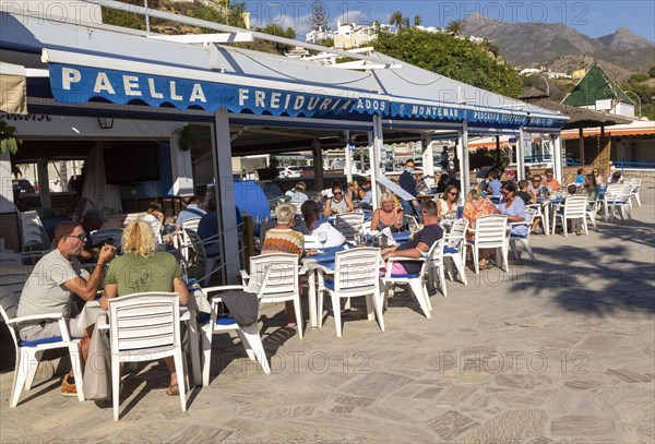 Seafood fish and paella beach restaurant, Playa de Burriana, Nerja, Andalusia, Spain, Europe