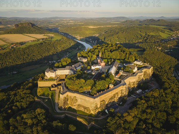 Aerial view of Koenigstein Fortress in Saxon Switzerland, Koenigstein, Saxony, Germany, Europe