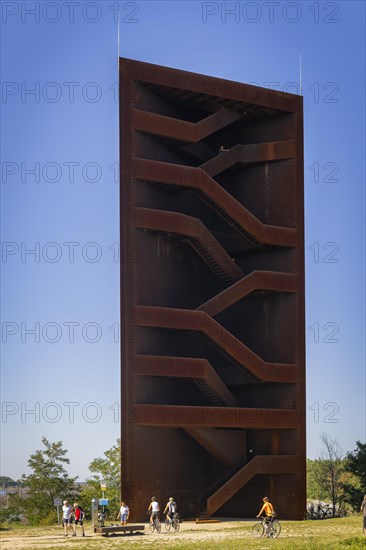 The 30 metre high landmark of the Lusatian Lakeland, the so-called Rusty Nail, was built at the mouth of Lake Sedlitz. It is a lookout tower made of 111 tonnes of Corten steel, with the base of a right-angled triangle with cathetus lengths of approximately twelve and eight metres. 162 steps lead to the viewing platform on the tower, Senftenberg, Brandenburg, Germany, Europe