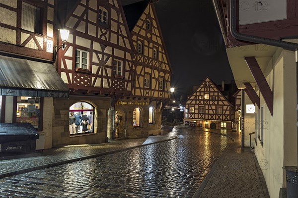 Historic half-timbered houses in the old town at night near Regen, Lauf an der Pegnitz, Middle Franconia, Bavaria, Germany, Europe