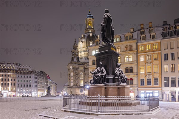 The old town centre of Dresden with its historic buildings. Neumarkt with monument to King Friedrich August II and Church of Our Lady, Dresden, Saxony, Germany, Europe