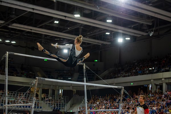 Heidelberg, 9 September 2023: Women's apparatus gymnastics national competition in the SNP Dome in Heidelberg. Lea Quaas performs on the uneven bars