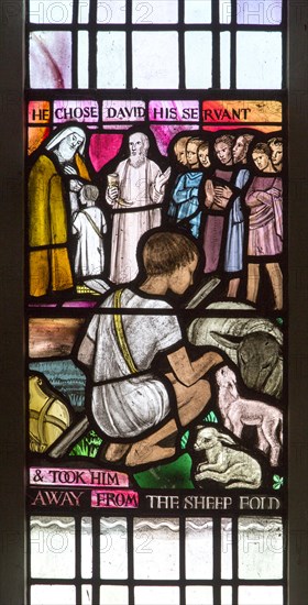 David as a boy shepherd, stained glass window by Margaret Edith Aldrich Rope (1891-1988), Church of Saint Margaret, Leiston, Suffolk, England, UK