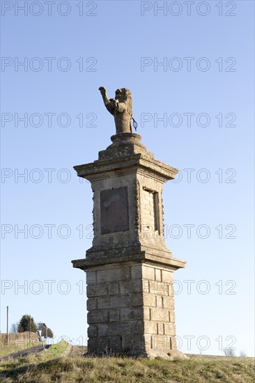 Lion Monument, Etchilhampton, Wiltshire. England, UK commemorates James Long, of Urchfont, 1768, a new road from Nursteed, Devizes, to Urchfont