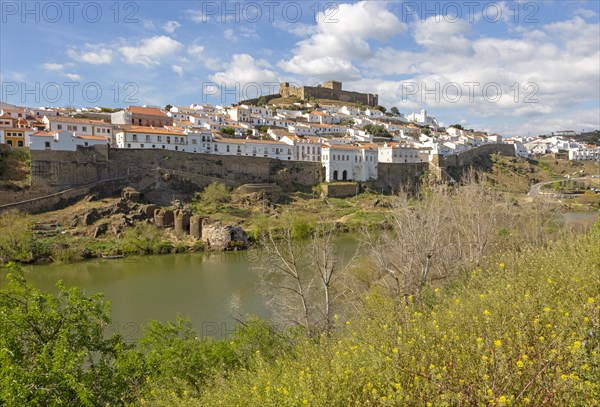 Historic hilltop walled medieval village of Mertola with castle, on the banks of the river Rio Guadiana, Baixo Alentejo, Portugal, Southern Europe, Europe