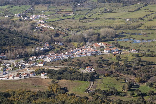 Elevated view to lowland below to village of Portages in the centre of this scene. Photo taken from Marvao, Portalegre district, Alto Alentejo, Portugal, Southern Europe, Europe