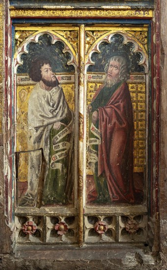 Medieval paintings of saints on rood screen inside church of Saint Andrew, Bramfield, Suffolk, England, UK, Saint Mark and Saint Matthew