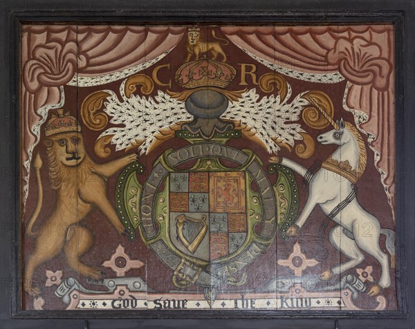 King George royal coat of arms in Alpheton church, Suffolk, England, UK